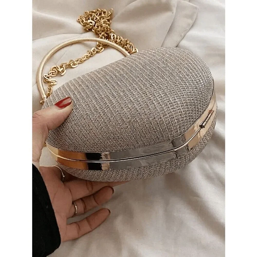 ❤️✨ Gold Sparkling Glitter Heart Shaped Top Handle Chain Clutch Purse Bag NEW